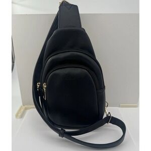 TELENA Black Faux Leather Sling Backpack Crossbody Bag Gold Hardware Purse